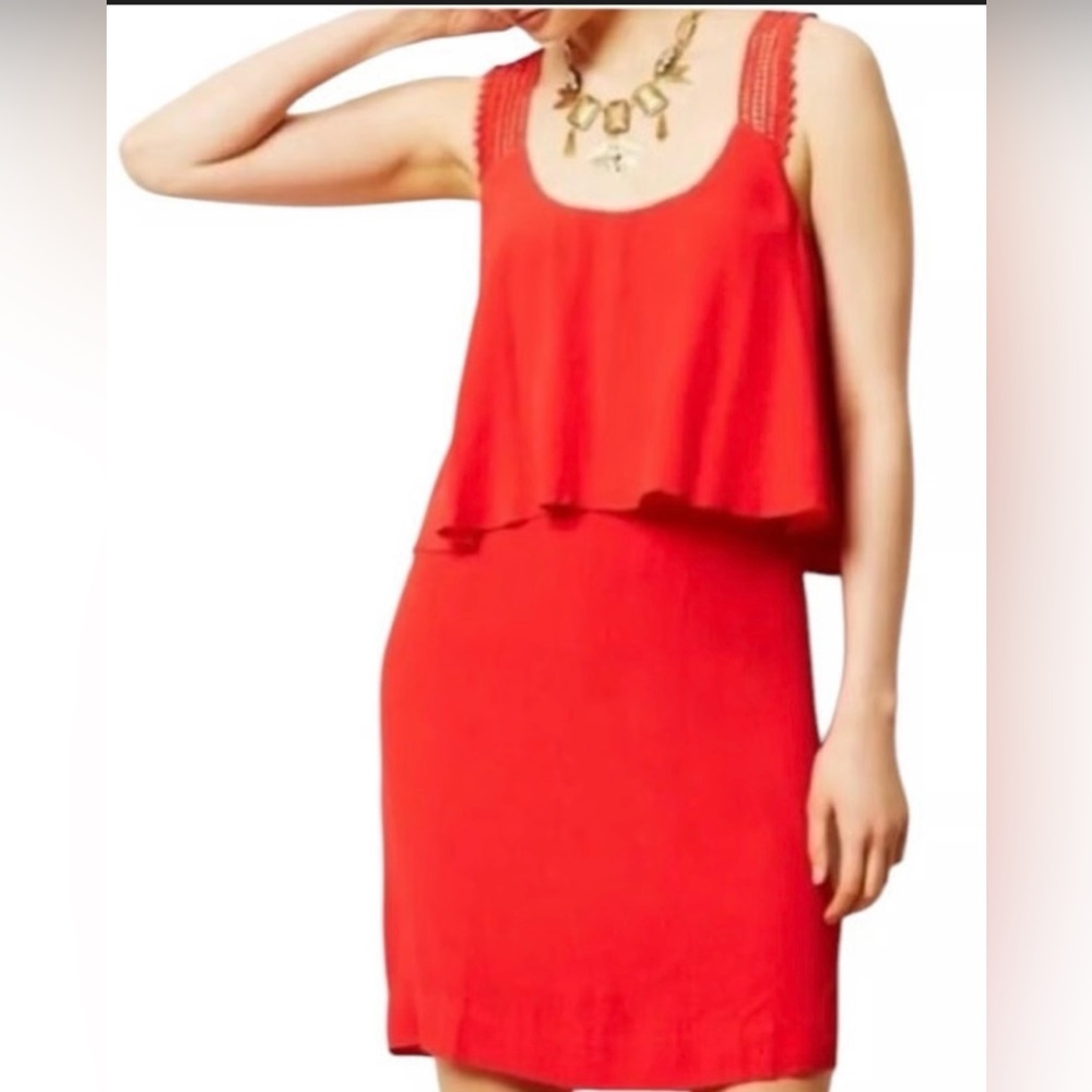Maeve Anthropologie Tisana Red Crochet Sleeve Flounce Casual Dress Size 0